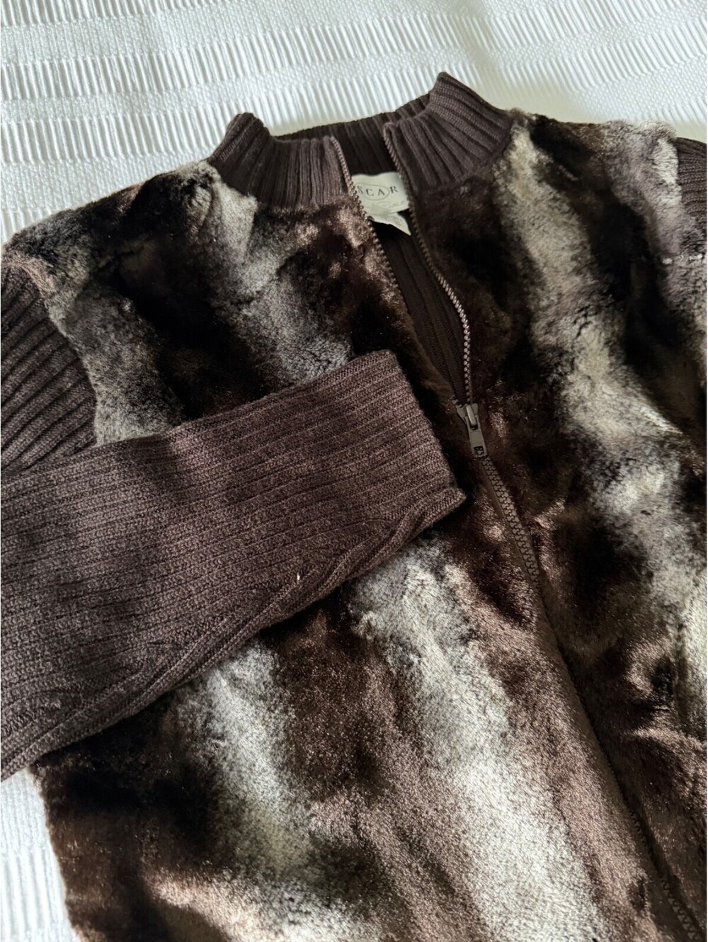 OSCAR Oscar de la Renta Vintage Y2K Faux Fur Brown Jacket Ribbed Sweater M